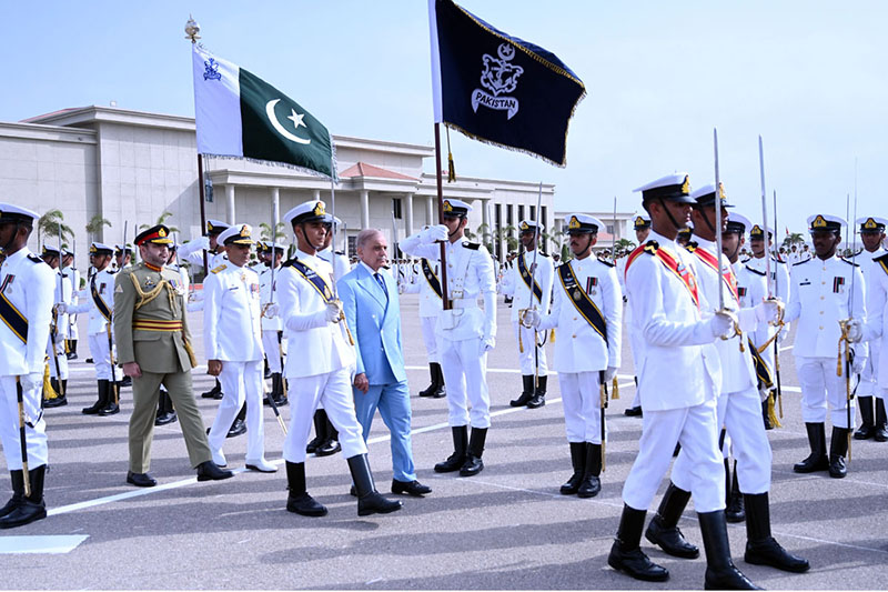 Prime Minister Muhammad Shehbaz Sharif inspects the parade at the passing out ceremony of 125th Midshipmen and 33rd SSC courses at Pakistan Naval Academy, PNS Rahbar