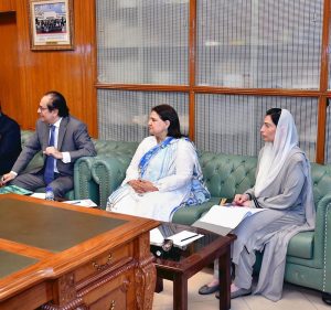 First Lady Bibi Asifa Bhutto Zardari attends a briefing by Chairperson Benazir Income Support Programme (BISP) Senator Rubina Khalid at Parliament House.
