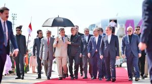 President Asif Ali Zardari and Prime Minister Muhammad Shehbaz Sharif receiving the President of Islamic Republic of Iran, Dr. Masoud Pezeshkian at Nur Khan Airbase.