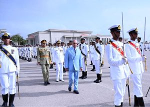 Prime Minister Muhammad Shehbaz Sharif inspects the parade at the passing out ceremony of 125th Midshipmen and 33rd SSC courses at Pakistan Naval Academy, PNS Rahbar
