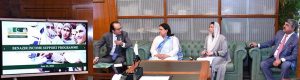 First Lady Bibi Asifa Bhutto Zardari attends a briefing by Chairperson Benazir Income Support Programme (BISP) Senator Rubina Khalid at Parliament House.