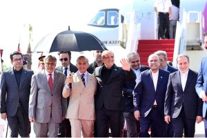 President Asif Ali Zardari and Prime Minister Muhammad Shehbaz Sharif receiving the President of Islamic Republic of Iran, Dr. Masoud Pezeshkian at Nur Khan Airbase.