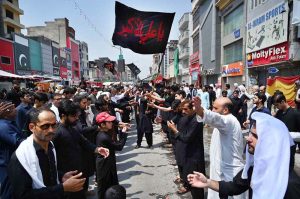A large number of mourners attending the 9th Muharram Zuljinah procession passes through Saadar Road. Muharramul Haram is known as the first month of the Islamic calendar and the mourning month in remembrance of the martyrdom (Shahadat) of Hazrat Imam Hussain (RA), the grandson of the Holy Prophet Mohammad (PBUH)