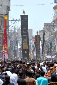 A large number of mourners attending Tazia procession on 10th of Holy Month of Muharram-ul-Harram. Muharram is the mourning month in remembrance of the Shahadat of Hazrat Imam Hussain (RA), the Grandson of the Holy Prophet Mohammad (PBUH)
