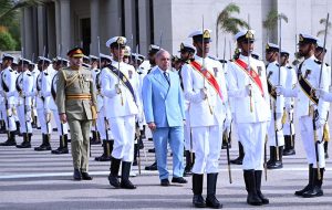 Prime Minister Muhammad Shehbaz Sharif inspects the parade at the passing out ceremony of 125th Midshipmen and 33rd SSC courses at Pakistan Naval Academy, PNS Rahbar
