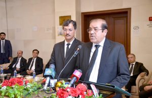 Chief Justice of the Balochistan High Court, Justice Muhammad Kamran Khan Mulakhail, addresses members of the legal fraternity during a tea reception organized in honour of the judges of the Federal Constitutional Court in Quetta.