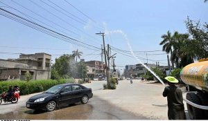 A Parks and Horticulture Authority (PHA) worker sprinkles water at Zafarullah Chowk to help reduce the effects of the ongoing heatwave in the city.