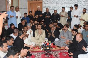 Chairman Senate Syed Yousaf Raza Gillani offers Fateha (dua) during a condolence with the families of those who lost their lives in the Murree accident, expressing sympathy and solidarity with the bereaved families.
