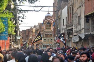 A large number of mourners attending Tazia procession on 10th of Holy Month of Muharram-ul-Harram. Muharram is the mourning month in remembrance of the Shahadat of Hazrat Imam Hussain (RA), the Grandson of the Holy Prophet Mohammad (PBUH)