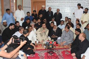 Chairman Senate Syed Yousaf Raza Gillani offers Fateha (dua) during a condolence with the families of those who lost their lives in the Murree accident, expressing sympathy and solidarity with the bereaved families.