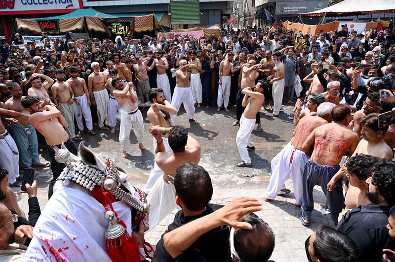 Mourners oozing themselves with knives and chains during a procession at Sadar Road on 9th of the Holy Month of Muharramul Haram. Muharramul Haram is known as the first month of the Islamic calendar and the mourning month in remembrance of the martyrdom (Shahadat) of Hazrat Imam Hussain (RA), the grandson of the Holy Prophet Mohammad (PBUH)