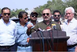 Sindh Senior Minister for Information, Transport and Mass Transit, Sharjeel Inam Memon addresses media persons after visiting the construction site of the Red Line BRT project.