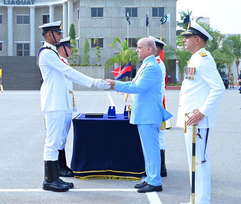 Prime Minister Muhammad Shehbaz Sharif distributing awards among the high achievers of the term at the passing out ceremony of 125th Midshipmen and 33rd SSC courses at Pakistan Naval Academy, PNS Rahbar
