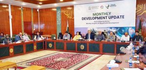 Federal Minister for Planning, Development and Special Initiatives, Ahsan Iqbal, addressing a media briefing during the Monthly Development Update.