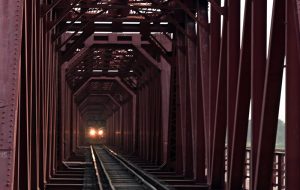 A view of passenger train crosses the Kotri Railway Bridge over the Indus River.