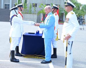 Prime Minister Muhammad Shehbaz Sharif distributing awards among the high achievers of the term at the passing out ceremony of 125th Midshipmen and 33rd SSC courses at Pakistan Naval Academy, PNS Rahbar