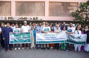 The Federation of Pakistan Chambers of Commerce and Industry (FPCCI) organizes a Mark e Haq peace walk from Arts Council to Karachi Press Club for stronger economy and stronger Pakistan.