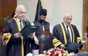 Justice Hassan Azhar Rizvi takes oath as Acting Chief Justice of the FCCP, administered by Justice Kareem Khan Agha at the Court’s Branch Registry in the provincial capital.