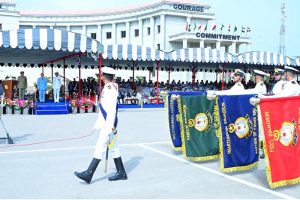 Prime Minister Muhammad Shehbaz Sharif reviewing march past of the parade at the passing out ceremony of 125th Midshipmen and 33rd SSC courses at Pakistan Naval Academy PNS Rahbar