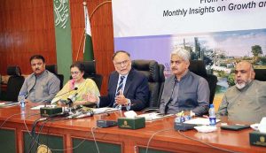 Federal Minister for Planning, Development and Special Initiatives, Ahsan Iqbal, addressing a media briefing during the Monthly Development Update.