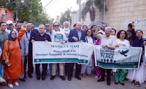The Federation of Pakistan Chambers of Commerce and Industry (FPCCI) organizes a Mark e Haq peace walk from Arts Council to Karachi Press Club for stronger economy and stronger Pakistan.