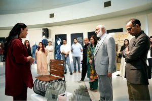 Prof. Dr. Niaz Ahmad Akhtar (S.I.), Chairman of the Higher Education Commission (HEC) visit stalls with Vice Chancellor Prof. Hina Tayyaba Khalil during the Thesis Display 2026 at Pakistan Institute of Fashion and Design (PIFD)