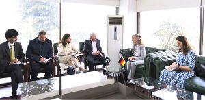 Federal Minister for National Food Security & Research, Rana Tanveer Hussain, in a meeting with German Ambassador Ms. Ina Lepel to discuss enhanced cooperation in agriculture, livestock development, food security, and agricultural modernization between Pakistan and Germany