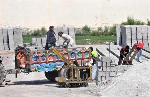 Labourers are loading cement blocks onto a tractor trolley for delivery to a construction site in the Tarlai area of the federal capital.