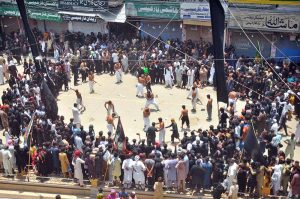 A large number of mourners attending Tazia procession on 10th of Holy Month of Muharram-ul-Harram. Muharram is the mourning month in remembrance of the Shahadat of Hazrat Imam Hussain (RA), the Grandson of the Holy Prophet Mohammad (PBUH)