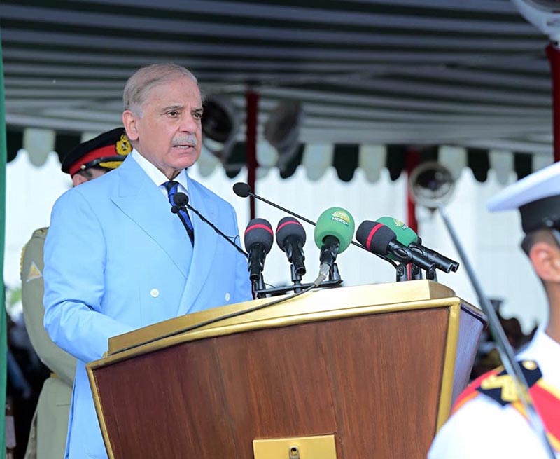 Prime Minister Muhammad Shehbaz Sharif addresses the passing out ceremony of 125th Midshipmen and 33rd SSC courses at Pakistan Naval Academy PNS Rahbar