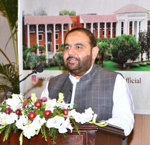 Federal Minister for National Heritage and Culture, Aurangzeb Khan Khichi, addressing the closing ceremony of the Faculty Development Programme titled "Promoting Social Entrepreneurship in Agriculture for Sustainable Peace," jointly organized by Pir Mehr Ali Shah Arid Agriculture University Rawalpindi and UNODC.