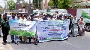 Deputy Director, Environmental Protection Agency (EPA) Bahawalpur, Dr. Muhammad Owais, addresses a ceremony held in connection with World Environment Day at the Social Welfare Department.