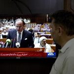 A citizen's eyes are fixed on the screen on the budget speech of Finance Minister Muhammad Aurangzeb as he presents the Federal Budget 2026-27 in the National Assembly at Parliament House, reflecting the widespread public interest in the country's economic direction and fiscal policies