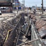 Laborers on work during the construction work of the underpass at Kabutar Chowk, Ring Road