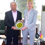 Federal Minister for National Food Security & Research, Rana Tanveer Hussain, presents a souvenir to German Ambassador Ms. Ina Lepel after a meeting on strengthening bilateral cooperation in agriculture, livestock, and biotechnology sectors