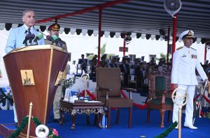 Prime Minister Muhammad Shehbaz Sharif addresses the passing out ceremony of 125th Midshipmen and 33rd SSC courses at Pakistan Naval Academy PNS Rahbar
