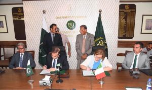 Secretary, Ministry of Economic Affairs, Muhammad Humair Karim, and the Italian Ambassador to Pakistan, H.E. Marilina Armellin, sign a EUR 20 million concessional loan agreement.