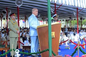 Prime Minister Muhammad Shehbaz Sharif addresses the passing out ceremony of 125th Midshipmen and 33rd SSC courses at Pakistan Naval Academy PNS Rahbar