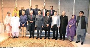 Chairman Senate Syed Yousaf Raza Gilani in a group photograph with participants of a knowledge-sharing session on strengthening the Senate's budgetary review process, organized by the Forum of Federations at Parliament House in the federal capital.