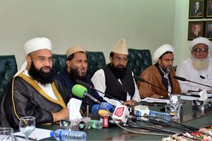 Hafiz Muhammad Tahir Ashrafi, Chairman Pakistan Ulema Council and Coordinator National Peace Message Committee, addresses a seminar on maintaining harmony during Muharram at Chamber of Commerce