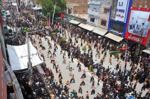 A large number of mourners attending the procession on 9th of the Holy Month of Muharramul Haram passing through Mumtazabad. Muharramul Haram is known as the first month of the Islamic calendar and the mourning month in remembrance of the martyrdom (Shahadat) of Hazrat Imam Hussain (RA), the grandson of the Holy Prophet Mohammad (PBUH)