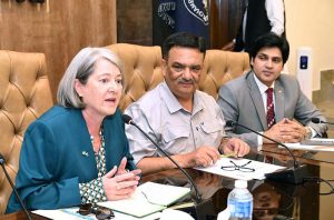 Mary O'Neill, Ambassador of Ireland to Pakistan, addresses exporters during a meeting at the Sialkot Chamber of Commerce and Industry.