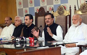 Former Chairman of the Red Crescent Dr. Saeed Elahi along with Kashmiri leaders holding a press conference to express solidarity with the Pakistan Army at Lahore Press Club.