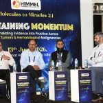 Panelists Dr. Tahir Bashir, Prof. Dr. Muhammad Khalid, Dr. Ahmed Farooq, Salman Arif, and Dr. Sameed Hussain answer questions during a session on recent advances in cancer research and treatment technologies at an event hosted by Hamal Pharmaceuticals