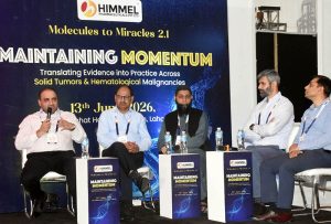 Panelists Dr. Tahir Bashir, Prof. Dr. Muhammad Khalid, Dr. Ahmed Farooq, Salman Arif, and Dr. Sameed Hussain answer questions during a session on recent advances in cancer research and treatment technologies at an event hosted by Hamal Pharmaceuticals
