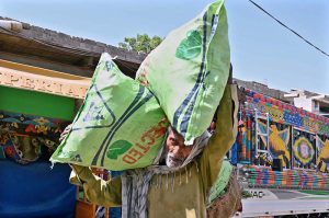 A labourer unloads sacks of seasonal vegetables from a delivery truck at the Vegetable Market in Larkana.