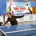 Player in action during Inter District Girls and Boys Table Tennis Championship organized by Youth Affair and Sports Department at Sports gymnasium