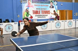 Player in action during Inter District Girls and Boys Table Tennis Championship organized by Youth Affair and Sports Department at Sports gymnasium