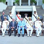 Prime Minister Muhammad Shehbaz Sharif, Defence Minister Khawaja Muhammad Asif and Chief of Naval Staff Admiral Naveed Ashraf in a group photo with the high achievers of the term at the passing out ceremony of 125th Midshipmen and 33rd SSC courses at Pakistan Naval Academy PNS Rahbar