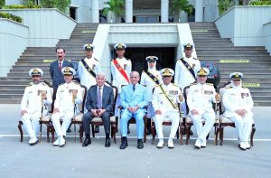 Prime Minister Muhammad Shehbaz Sharif, Defence Minister Khawaja Muhammad Asif and Chief of Naval Staff Admiral Naveed Ashraf in a group photo with the high achievers of the term at the passing out ceremony of 125th Midshipmen and 33rd SSC courses at Pakistan Naval Academy PNS Rahbar